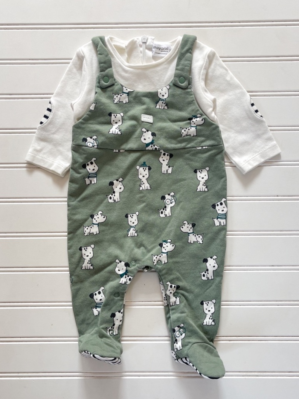 MAYORAL 🇪🇸 EUC Boys Sage Green Super Soft Puppy Dog Overall Footie 1PC Outfit